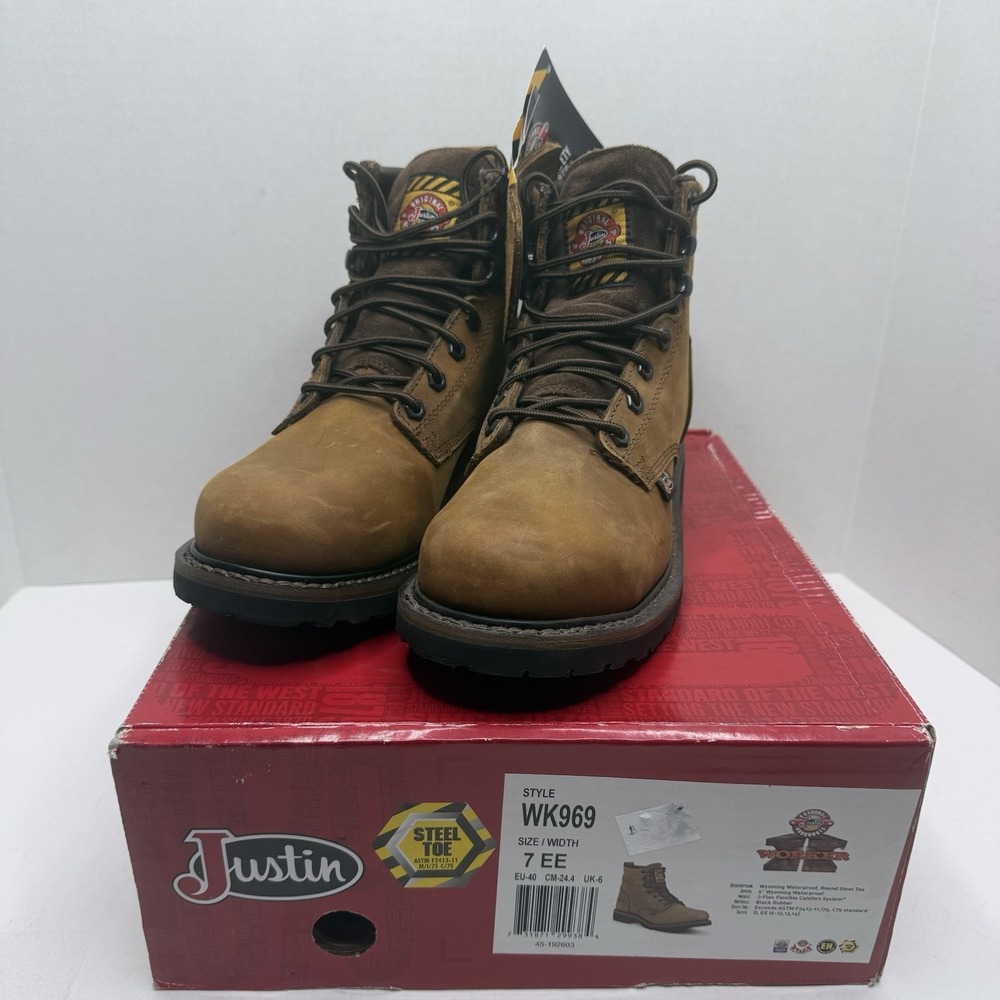 Justin WK969 Worker II Waterproof Steel Toe Work Boots Men’s 7EE Brown NEW